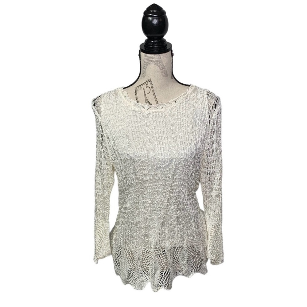 EMMA JAMES Top Romantic Ivory Silky Open Stitch Crochet Lined Sz L